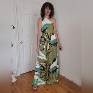 Reiss Elegant Green and White One-Shoulder Dress